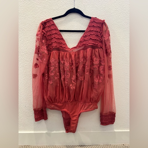NWT Free People Sheer Meadows sheer, floral-embroidered bodysuit w/ V-neckline - Picture 7 of 11